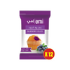 Purple packaging of emi blueberry filled cupcake with a cupcake illustration and blueberries on a white background.