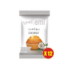 Pack of emi coconut snacks with a muffin illustration on a white background